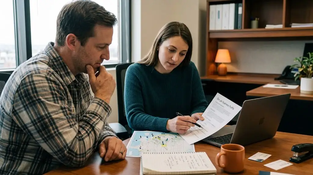 Small-business owner and adviser reviewing a service-area map and profile details