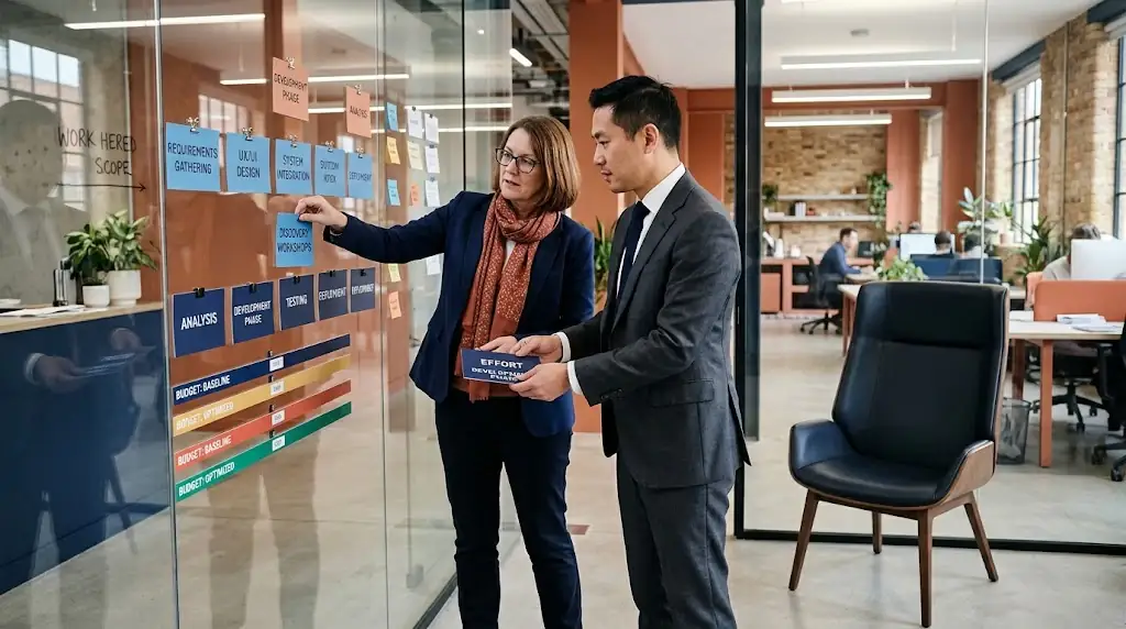 Consulting and finance team translating service scope into a clear pricing explanation
