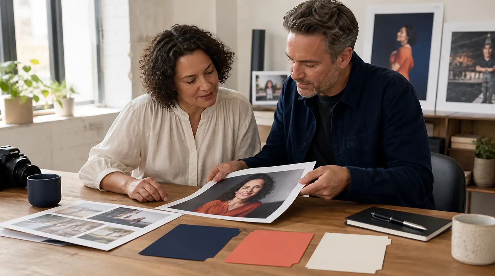 Customer and editor reviewing a portrait proof and permission cards together