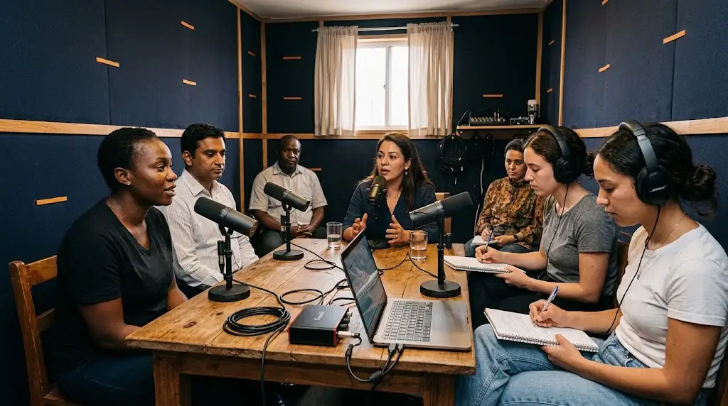 Diverse group of speakers participating in a voice-agent listening and fairness test