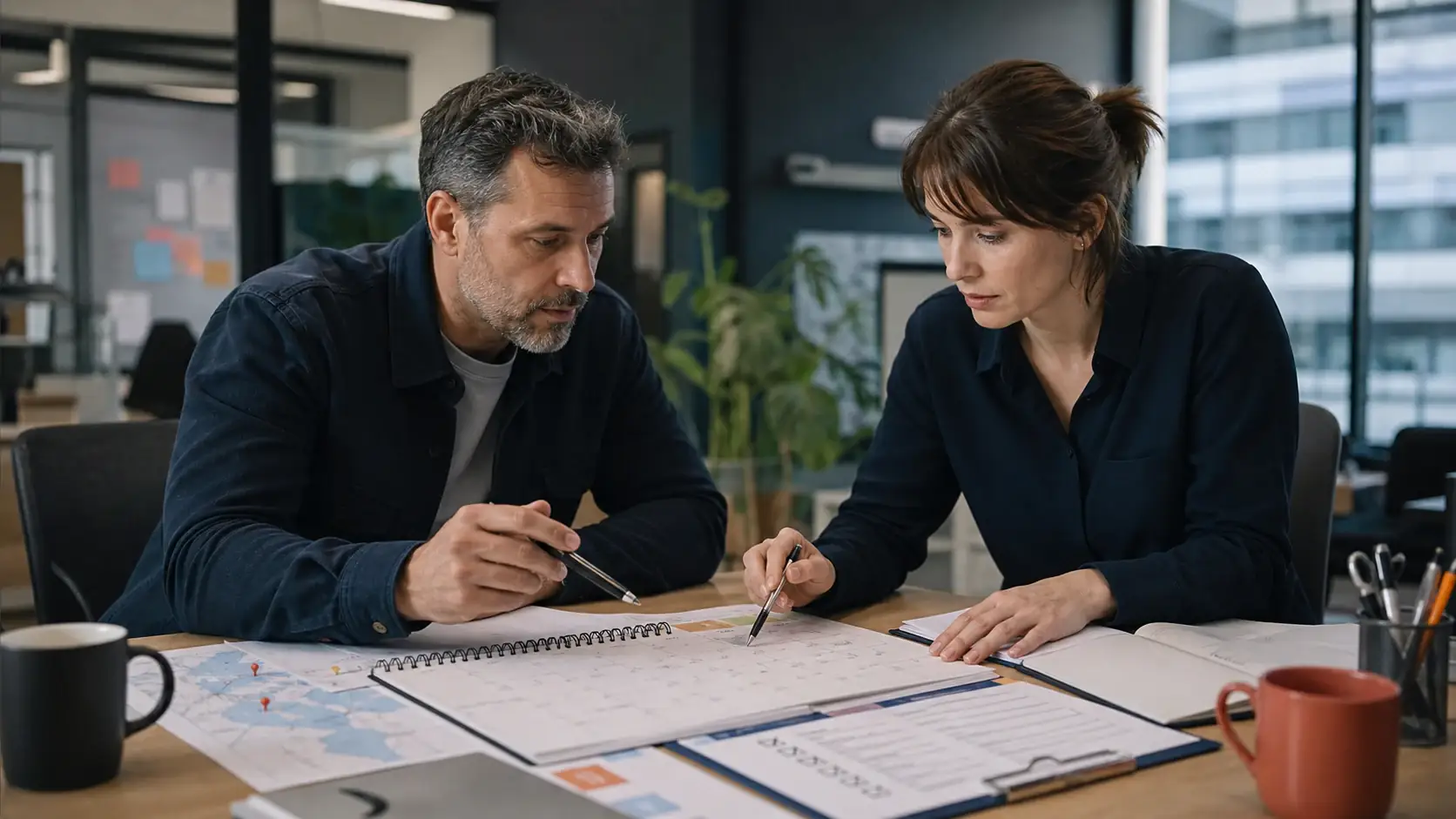 Two operations colleagues checking a calendar and appointment details together
