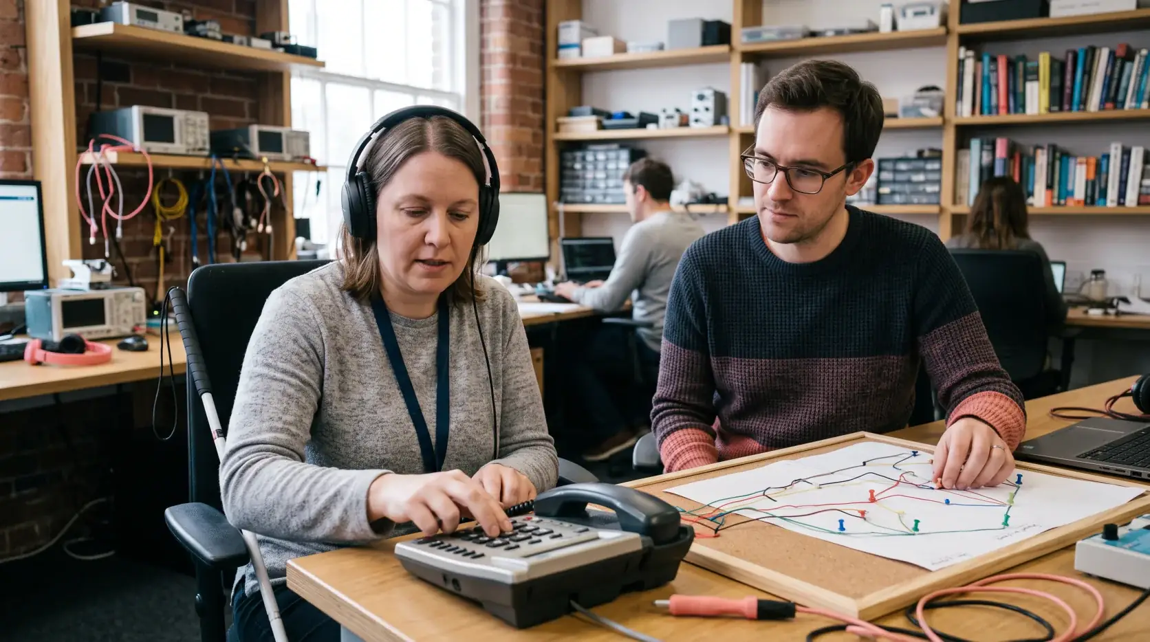 Accessibility specialist testing a telephone keypad and routing diagram with a colleague