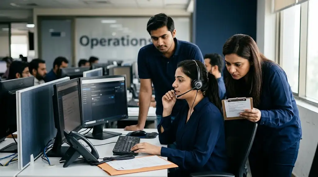 A customer operations specialist reviewing a voice-agent handoff