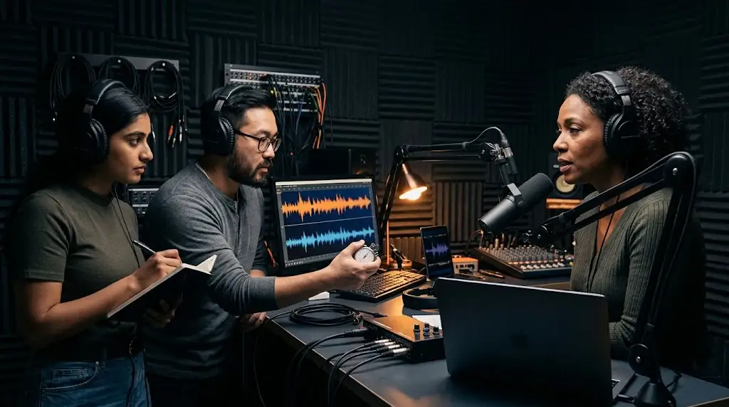 Voice systems team timing a live conversational prototype in a sound-treated room