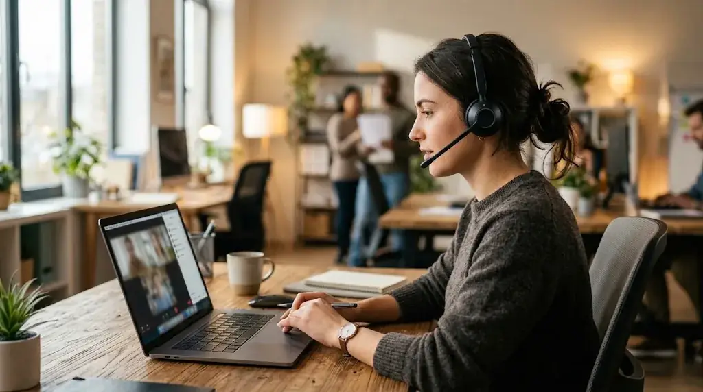 A person wearing a headset at a desk, working at a laptop showing a call interface, in a busy office