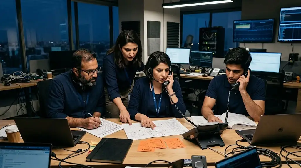 Voice operations team coordinating a production incident response around a call trace