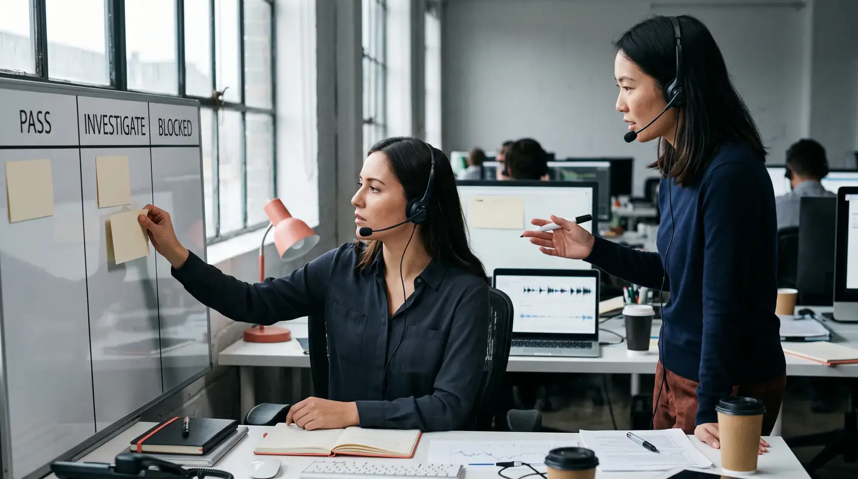 Voice operations reviewers moving test scenarios through pass, investigate, and blocked states