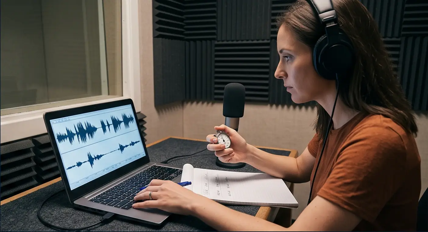 Voice experience researcher timing pauses and interruptions across a recorded call