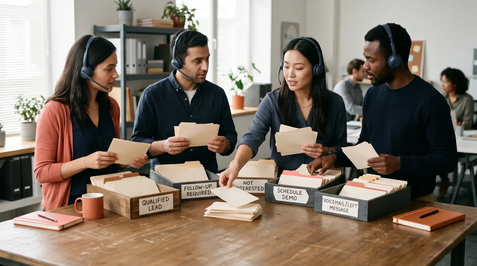 Operations team sorting call records into distinct outcome groups