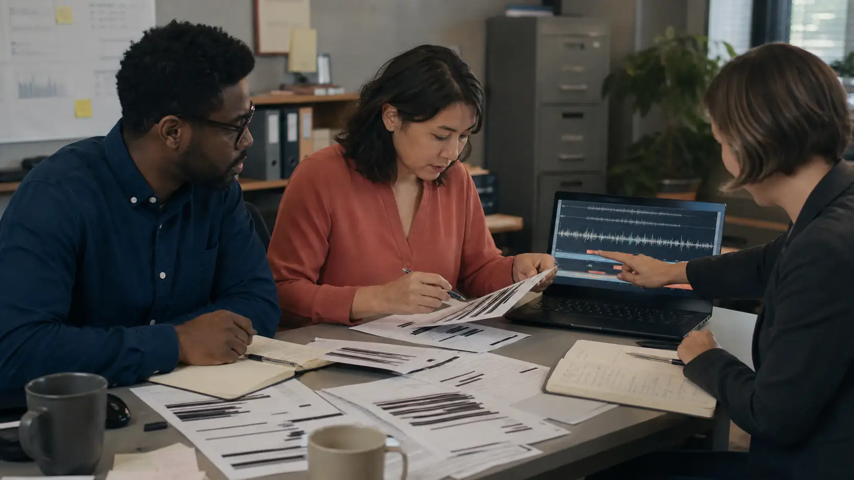 Privacy and analytics team reviewing redacted call transcripts beside an audio waveform